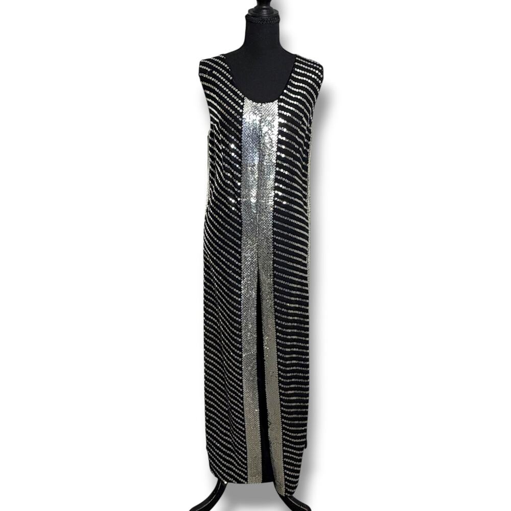 Vintage 60s 70s Wanda Belli Sequin Jumpsuit Space Age Wide Leg Black Silver Sz M